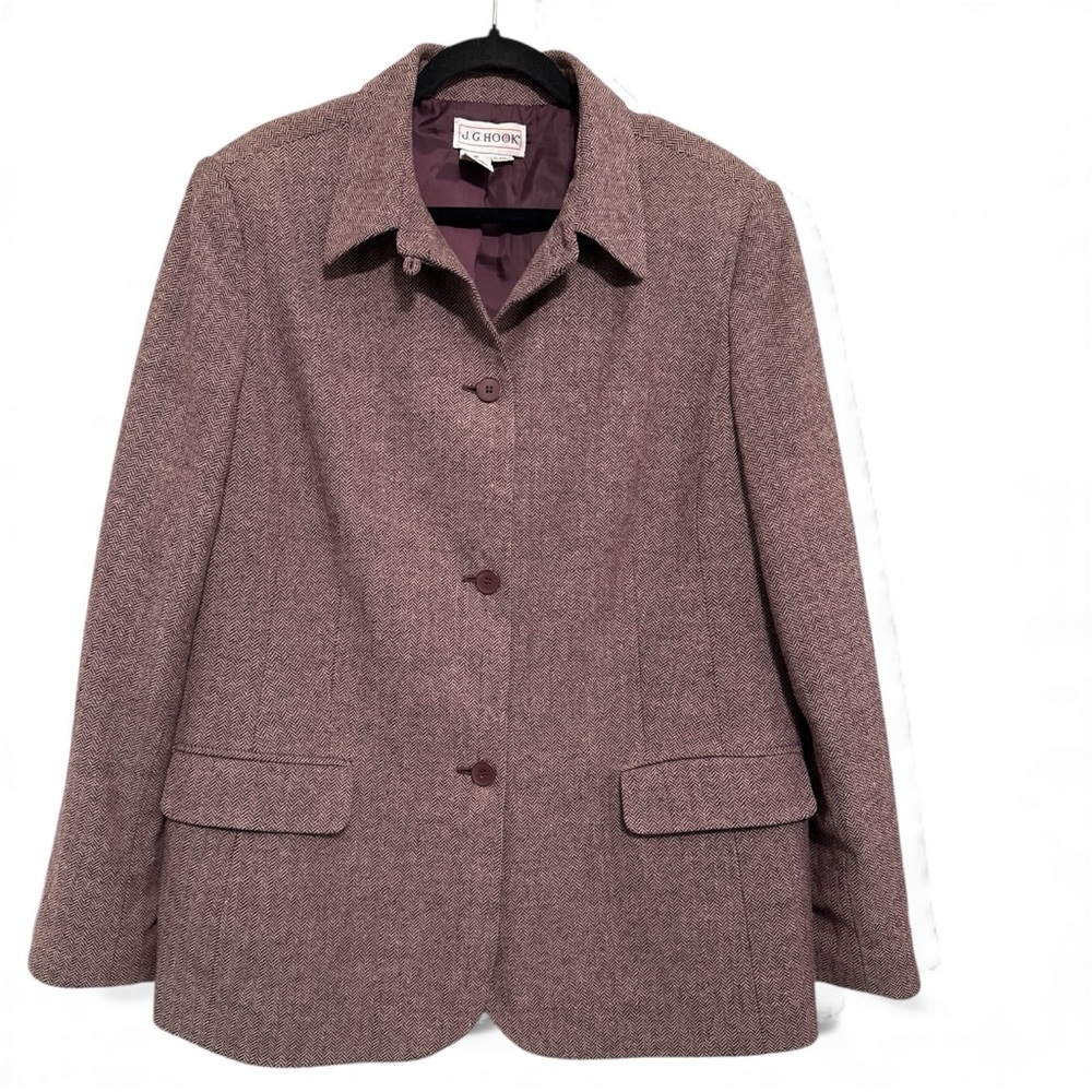 J.G. Hook Herringbone Vintage Wool and Rayon Blend Blazer Size 16 Purple Cream‎